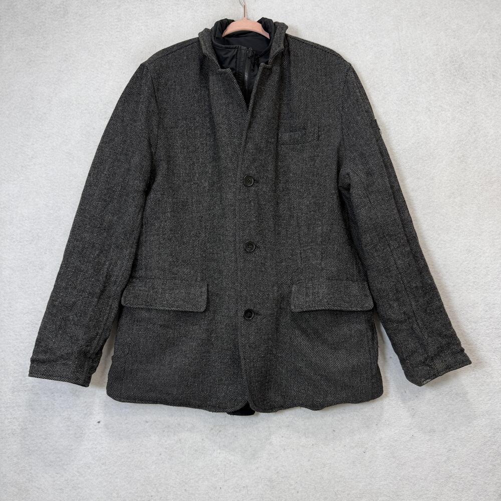 Tumi Jacket Mens Large Black Reversible Herringbone Tweed Parka F57111